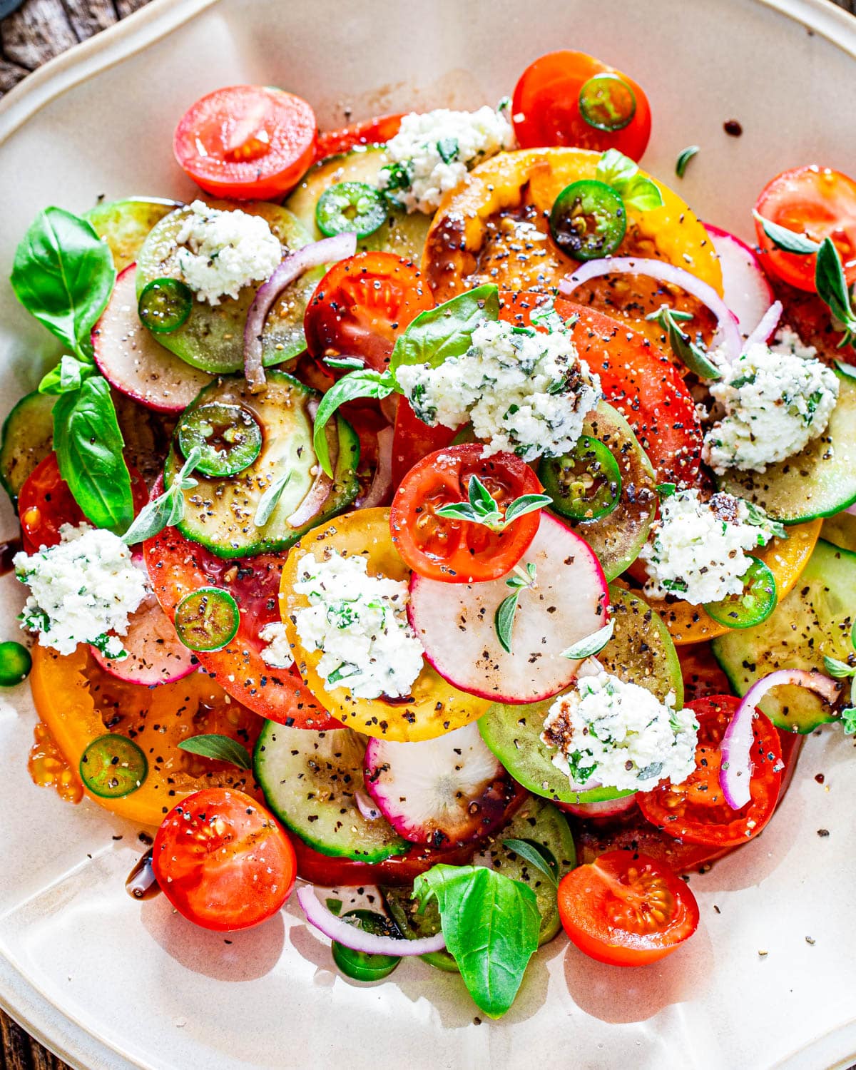 Summer Salad with Herbed Ricotta and Balsamic Vinaigrette (Serves 4)